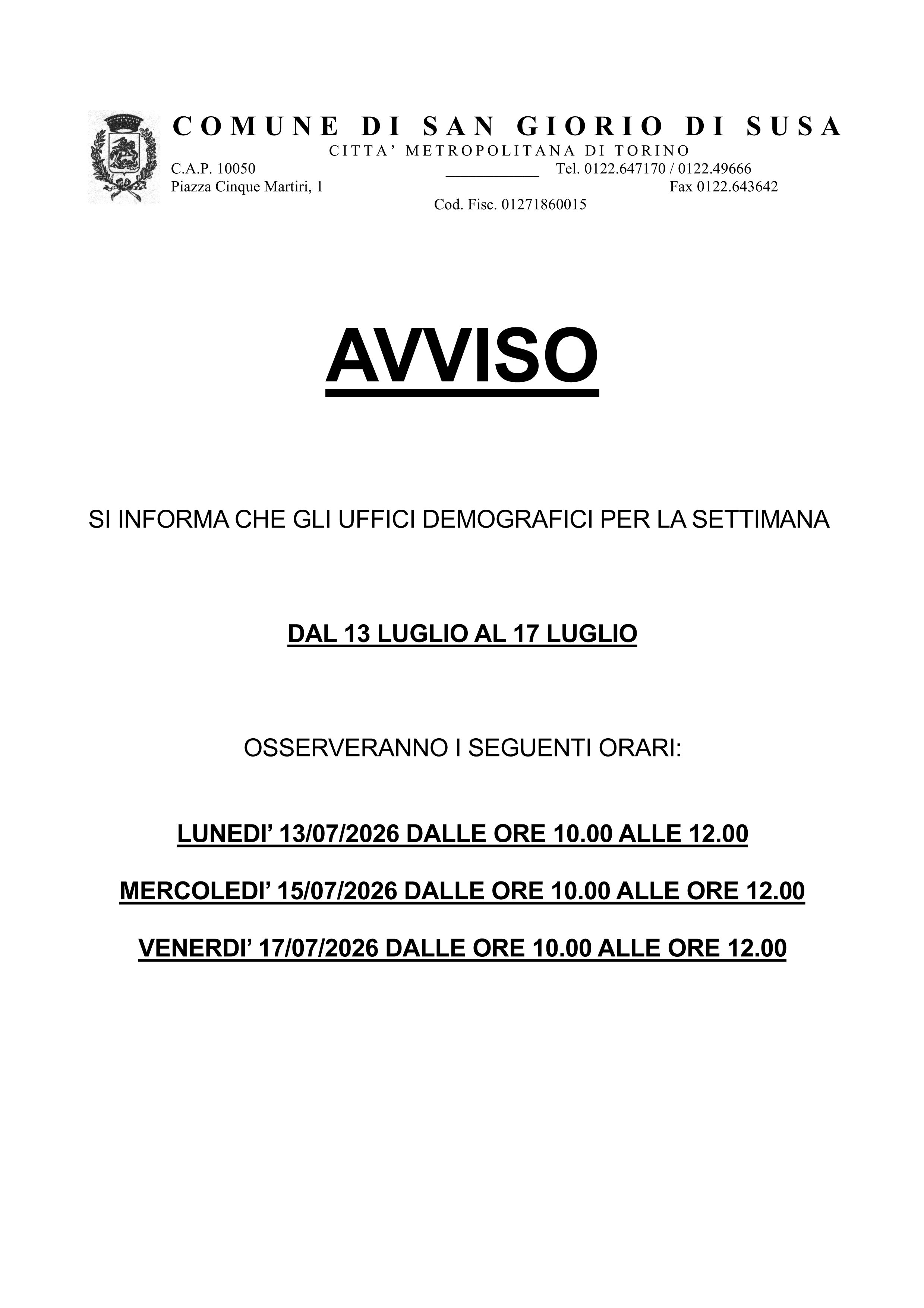 Orari di apertura uffici demografici dal 13/7/2026 al 17/07/2026